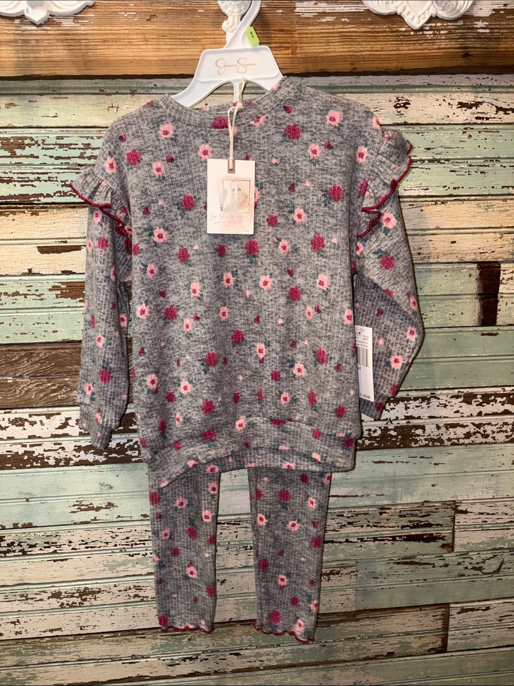 NEW Jessica Simpson Grey Knit Pajama Set with Pink Floral Accents